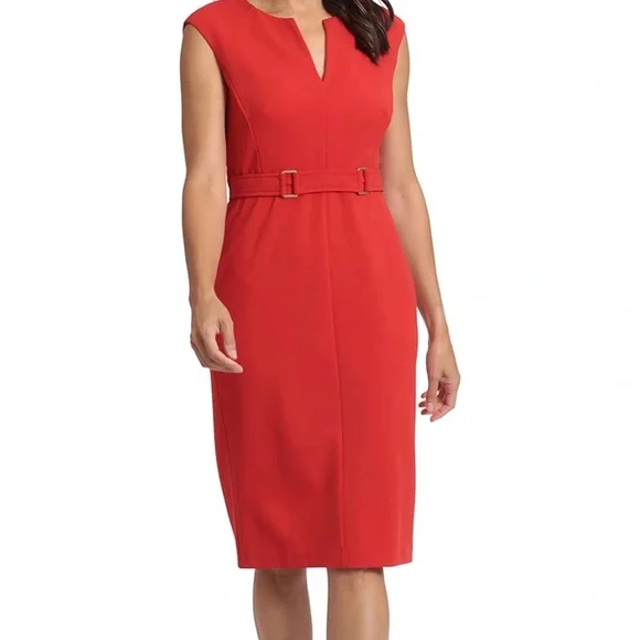 London Times Buckle Waist Sheath Dress, 8 / Red